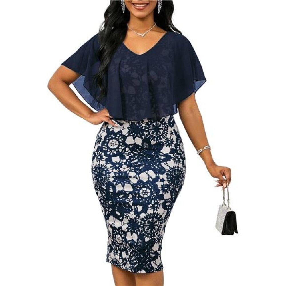 Women's Retro Bodycon Midi Dress Sexy Mesh Lace Cape Sleeve
